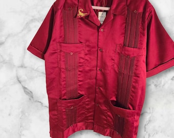 Original Guayabera Burgundy with Gold Durango and Scorpion Embroidered Traditional Mexican Button Up Shirt Sz. XL 90s Y2K