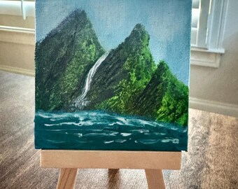 Mountain Waterfall - mini (3&quot; x 3&quot;) painting with easel