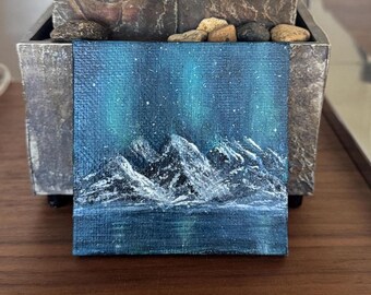 Northern Lights Over Mountains - mini (3&quot; x 3&quot;) painting with easel