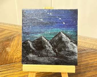 Shooting Star across Northern Lights Over Mountains - mini (3&quot; x 3&quot;) painting with easel