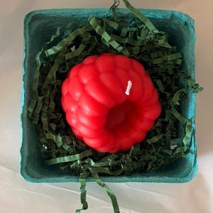 May include: A bright red, raspberry-shaped candle with a white wick, nestled in green paper shreds inside a teal-colored container. The candle has a textured surface, and the container has a square shape.