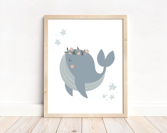 Floral whale boho art print, scandinavian style children's art print for bedroom or nursery