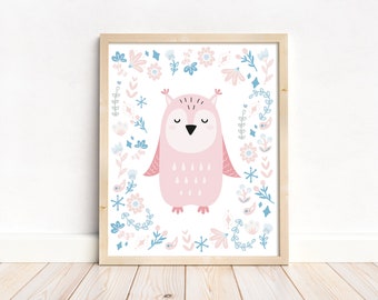 Floral owl art print, boho scandinavian nursery art print for girls room