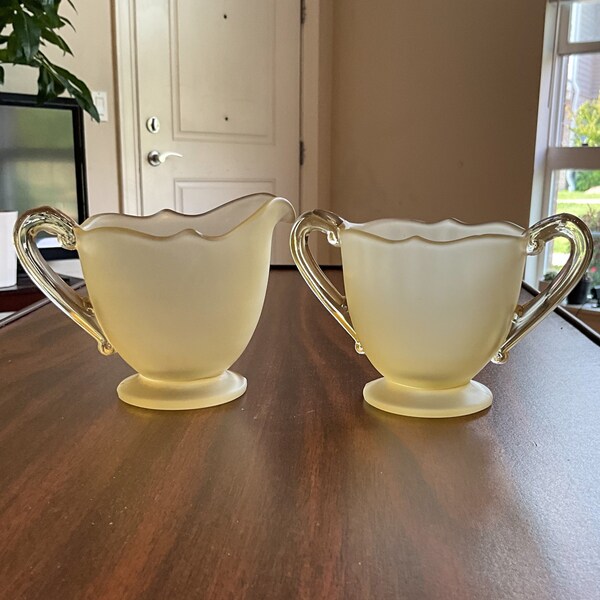 Vintage Depression Yellow Milk Glass Sugar & Creamer Set