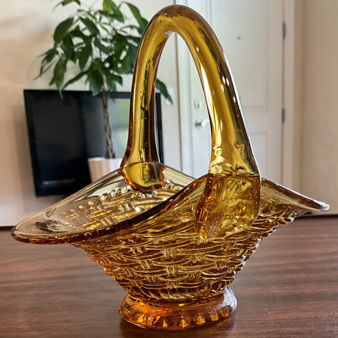 Vintage Italian Amber Glass Basket Dot Square Pattern Nut Etsy