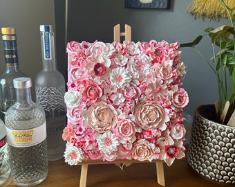 Super Thick Bouquet of Pink Heavy Textured 3-D Florals on a 10” x 10” x 1 1/2” Gallery Wrapped Canvas *Easel not included.