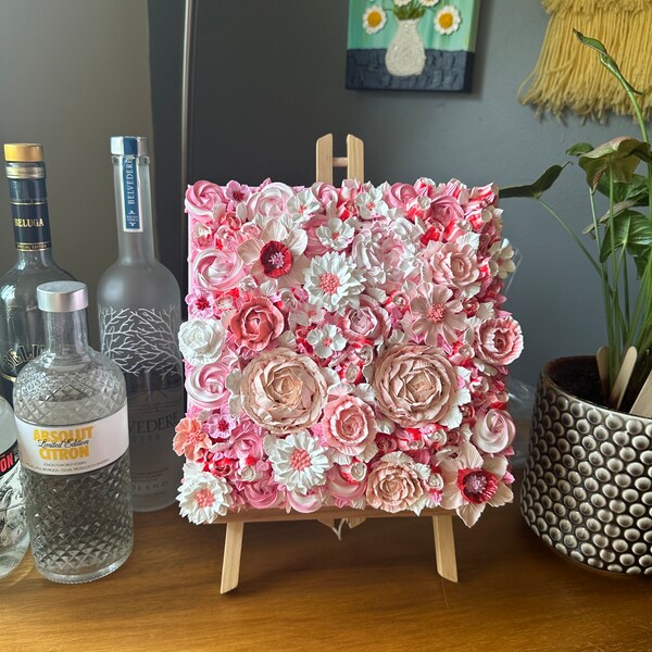 Super Thick Bouquet of Pink Heavy Textured 3-D Florals on a 10” x 10” x 1 1/2” Gallery Wrapped Canvas *Easel not included.