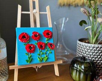 6” x 6” Thick Bouquet of Heavy Textured 3-D Red Poppies on Blue Background … 1 1/2” Back Stappled Deep Edge Canvas *Easel not included.