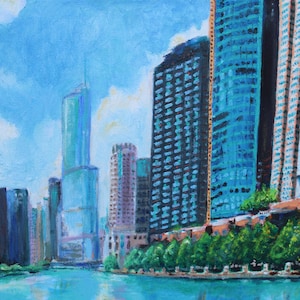 Oil Painting of Chicago River and Skyline