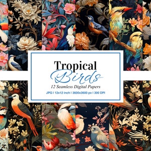 Tropical Birds Seamless Pattern, Colorful Birds and Lush Flowers Digital Paper, Tropic Vibe Printable Paper, Toucan Pattern, Commercial Use