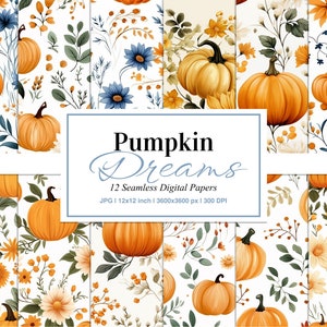 Pumpkin Seamless Pattern, Pumpkin and Floral Digital Paper, Pumpkin Harvest, Floral Fall Print, Pumpkin Autumn, Commercial Use Download