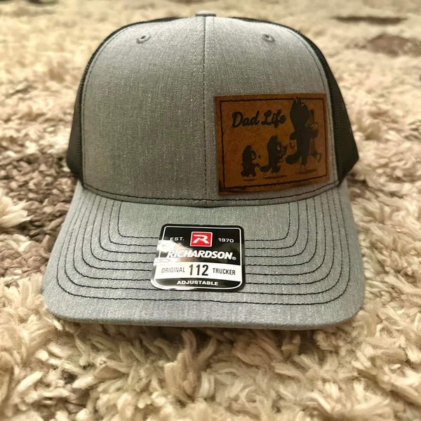 Bluey Dad Life Leather Patch Hat - Custom to order laser engraved leather patch depicting the life of a father.