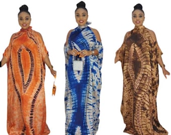 Brand New Cold shoulder silk Adire Boubou dress - One size - Ready to ship