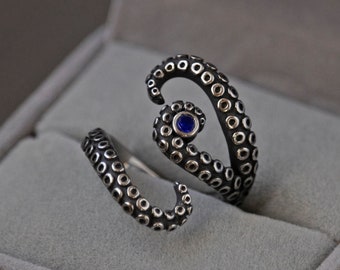 Vintage octopus tentacle ring with blue zircon gemstone, Stainless steel kraken ring for men, Bohemian fantasy ring for woman, Gift for her