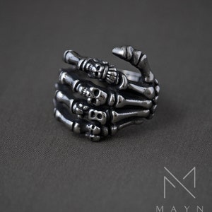 Goth skeleton hand ring for men, Stainless steel bones chunky ring for him,  Handmade gothic jewelry for male, Punk gift for birthday
