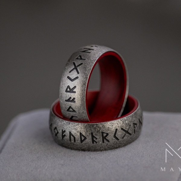 Viking red wood  ring for men, Nordic mythology runes ring for him, Vintage norse ring, Male Vintage Wedding band, Gift for birthday