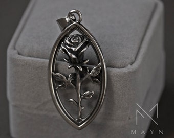 Gothic rose flower pendant for women, Goth jewelry necklace, Stainless Steel silver rose pendant, Gift for her birthday