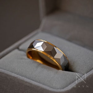 Unique Tungsten steel wedding band for men, 8mm Silver and gold geometric promise ring for him, Cool anniversary gift for man