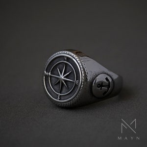 Marine compass rose signet ring for men, Stainless steel nautical anchor ring for him, Chunky male ring for birthday gift, Sea captain ring