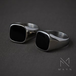 Silver signet ring with black top for men, Minimalist cool ring for him, Stainless steel classic male ring, Handmade jewelry for birthday