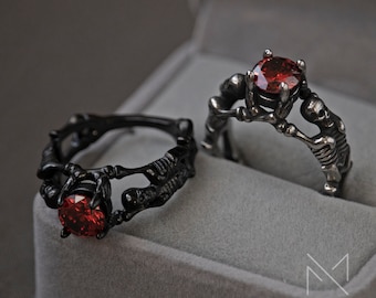 Stainless steel dark skull ring, Gothic Engagement Ring with red gemstone, Goth Promise Ring, Skeleton Hand Ring, Love to Death Ring