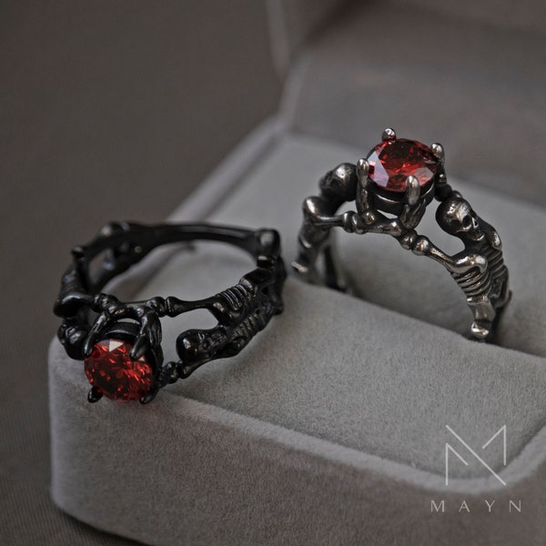 Stainless steel dark skull ring, Gothic Engagement Ring with red gemstone, Goth Promise Ring, Skeleton Hand Ring, Love to Death Ring