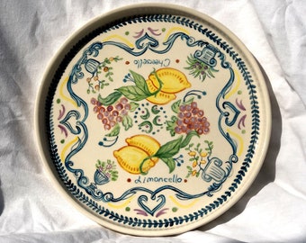 handmade limoncello ceramic plate, lemons and grapes pattern, hand drawn, Italian design, center piece, wall decor