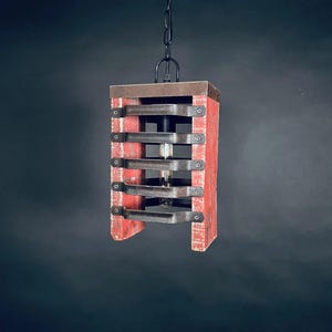 Red Rustic Pendant Light – Industrial Farmhouse Chandelier, Reclaimed Wood & Metal Hanging Lamp