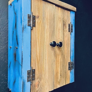 Rustic Wooden Wall Cabinet with Blue Accents – Handmade Storage Cupboard, Farmhouse Kitchen Bathroom Organizer, Vintage Style Cabinet