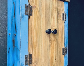Rustic Wooden Wall Cabinet with Blue Accents – Handmade Storage Cupboard, Farmhouse Kitchen Bathroom Organizer, Vintage Style Cabinet