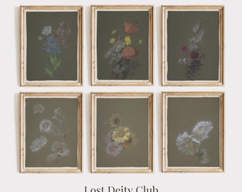 Vintage Blumenwanddruck Set mit 6 DRUCKBARE Bauernhaus Drucke, Cottagecore Botanische Wandkunst Galerie, Muted Art Olivgrün Dekor | #S99