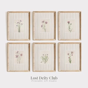Juego de 6 láminas artísticas florales a rayas beige, impresiones botánicas estilo cottagecore, juego de arte mural de galería en tonos neutros, decoración Grandmillennial imprimible / #S124