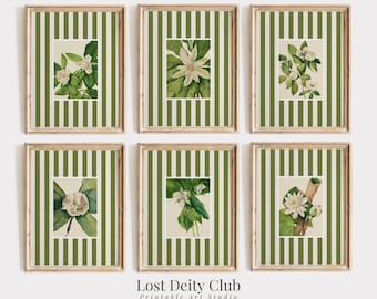 Olive Green Stripe Floral Art Prints Set of 6, Old Money Aesthetic Grandmillennial Vintage Botanical Wall Art PRINTABLE Gallery Wall | #S167