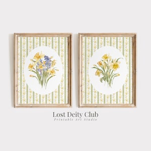 Green Striped Spring Floral Art Print Set of 2, Wildflower Wall Art PRINTABLE Cottagecore Botanical Prints, Grandmillennial Decor #S151