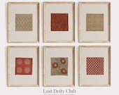 Vintage Textile Gallery Wall Set of 6, Antique Fabric Wall Art Set, Warm Neutral Botanical Tapestry Wall Art, Minimalist Boho Decor Red S179