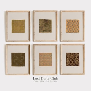 May include: Six framed art prints displaying antique textile patterns in olive, brown, and gold. Each print features a unique fabric design, framed in a gold tone. The prints are presented on a neutral background. The text "Lost Deity Club Printable Art Studio" is at the bottom.