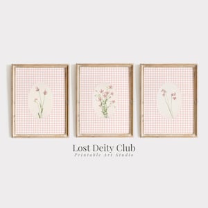 Pink Gingham Floral Art Prints Set of 3, Cottagecore Botanical Prints, Girls Room Pastel Pink Grandmillennial Decor DIGITAL Download #S154