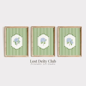 Blue Hydrangea Print Set of 3 Nancy Meyers Green Striped Cottagecore Floral Prints, Modern Southern Wall Art, Grandmillennial Decor | S218