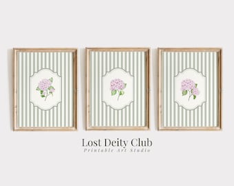 Rosa Hortensiendruck 3er-Set Nancy Meyers Sage Grün Gestreifte Küsten Großmutter Wandkunst, Französisches Land Cottagecore Blumendrucke | S207