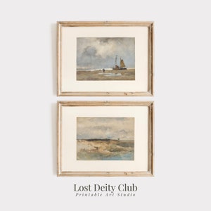 Vintage Coastal Wall Art Gallery Print Set of 2, Nautical Wall Decor Neutral Art Prints, Beach Landscape Paintings, Antique Art Prints #S109