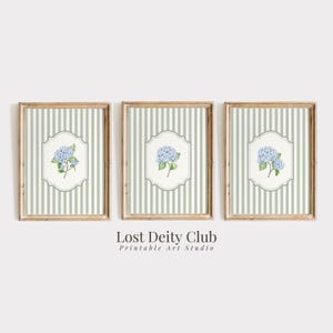 Blue Hydrangea Print Set of 3 Nancy Meyers Sage Green Striped Coastal Grandmother Wall Art, French Country Cottagecore Floral Prints | S206