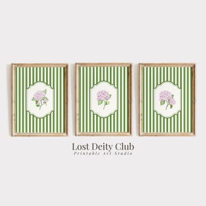 Pink Hydrangea Print Set of 3 Nancy Meyers Green Striped Cottagecore Floral Prints, Modern Southern Wall Art, Grandmillennial Decor | S219