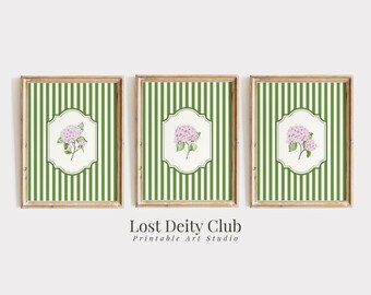 Rosa Hortensien Druck 3er Set Nancy Meyers Grün Gestreifte Cottagecore Blumendrucke, moderne Südliche Wandkunst, Grandmillennial Dekor | S219