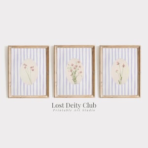 Pink Floral Art Print Set of 3 Lavender Striped Cottagecore Botanical Prints, PRINTABLE Lilac Girls Room Pastel Grandmillennial Decor #S172