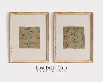 Vintage Textile Gallery Wall Set of 2, Antique Fabric Wall Art Set, Neutral Botanical Tapestry Wall Art, Floral Cottagecore Decor | #S128