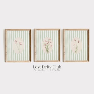 Pink Floral Art Print Set of 3 Light-Green Stripe Cottagecore Botanical Prints, PRINTABLE Girls Room Pastel Grandmillennial Decor #S170