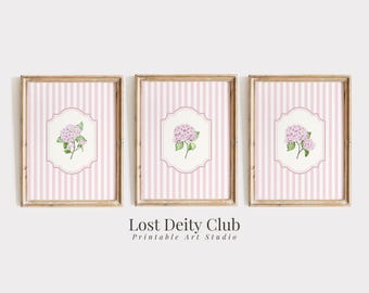 Pink Hydrangea Print Set of 3 Nancy Meyers Pink Grandmillennial Wall Art, Striped Cottagecore Floral Prints, Coastal Grandmother Art | S213