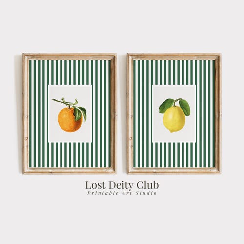 Zitrus Früchte, Küche Wand Kunst DRUCKBAR Moderne Bauernhaus Küche Print Set von 2, Vintage Minimalistische Kunst, Grüne Wand Dekor | #S125