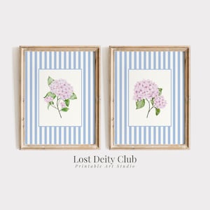 Pink Hydrangea Print Set of 2 Nancy Meyers Blue Striped Coastal Grandmother Wall Art, French Country Decor, Cottagecore Floral Prints | S195