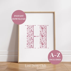 Impresión de letras personalizadas estilo chinoiserie, monograma inicial floral imprimible, estilo preppy rosa, estilo Grandmillennial, decoración para dormitorio de adolescente / #S144